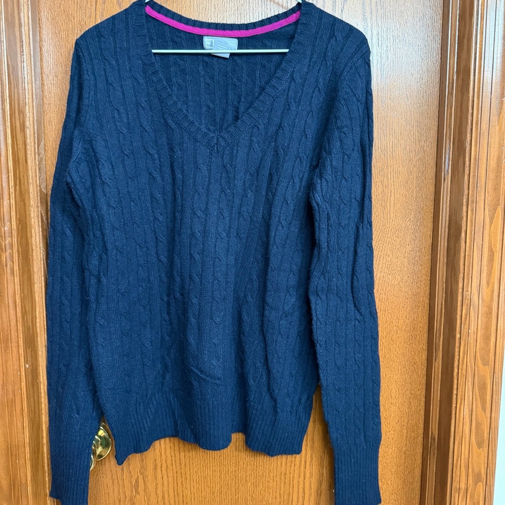 JCPenney Dark Blue V-Neck Cable Merino Blend Knit Sweater